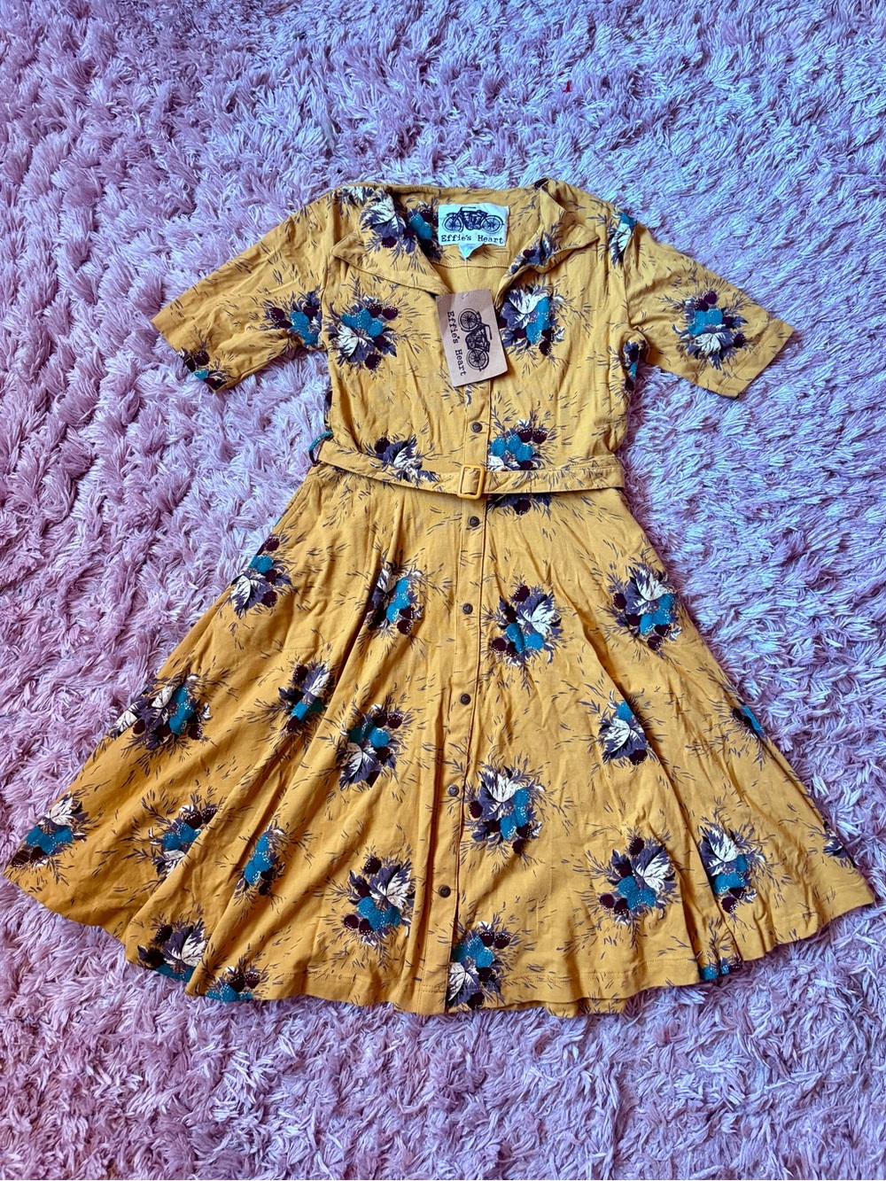 NWT Effie's Heart ModCloth Mustard Floral Belted Shirt Dress with Teal Accents